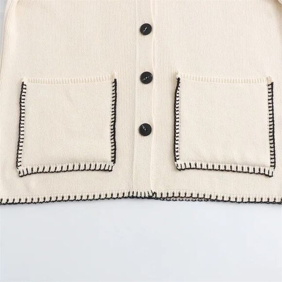 Zara Women’s Cream Black Contrasting Topstitch Oversized Pocket Cardigan Sweater - Picture 10 of 16